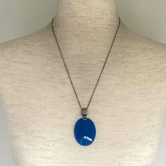 Sterling Silver 925 Oval Blue Chalcedony Quartz Scrollwork Pendant Necklace 20" - Picture 2 of 16